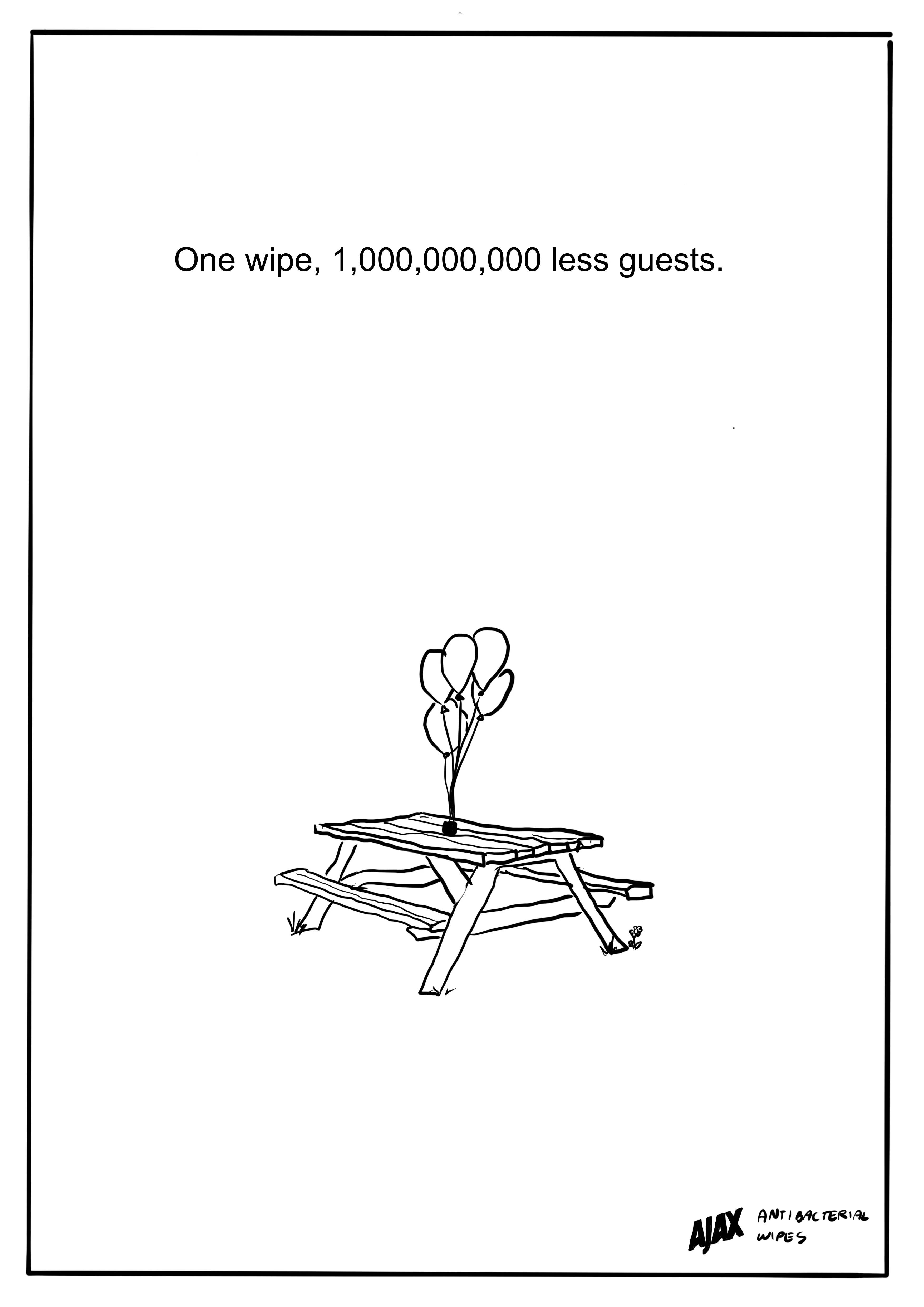 an empty park bench with balloons, the caption reads 'one wipe 1,000,000,000 less guests', AJAX wipes